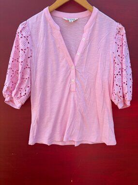 Boden Pink Eden Eyelet Broderie Puff Sleeve Henley Top Blouse Size 10